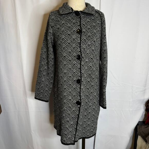 Bianca G. Made in Italy Jacquard Knit Sweater Coat L Black White Button Front - Picture 2 of 8
